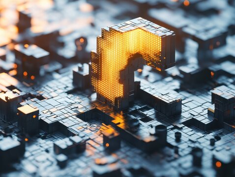 Abstract digital arrow pointing down, futuristic technology concept, isometric view, artificial intelligence, data processing, neural network