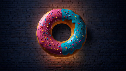 Glowing neon donut with blue frosting and pink sprinkles floating against a dark brick wall background vibrant digital artwork with a surreal and modern aesthetic
