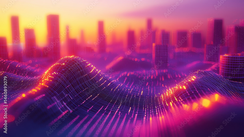 Poster a realistic 4k 3d waveform analysis creates a vibrant cityscape background with glowing patterns, il