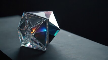 A multifaceted clear crystal cube reflecting light on a dark surface in a studio setting close up view