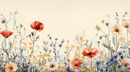 Beautiful seamless floral water color pattern Set, watercolor wild flowers, leaves and grass,Collection botanic garden elements. isolated illustration in rustic or vintage style,copy space.