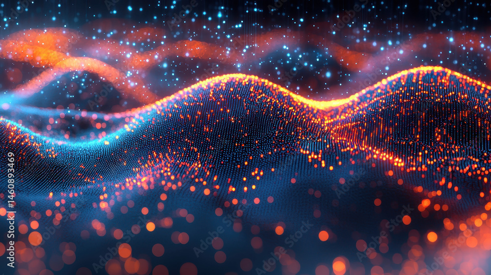 Poster abstract 4k background shows a realistic 3d waveform analysis on the side with blue and orange parti