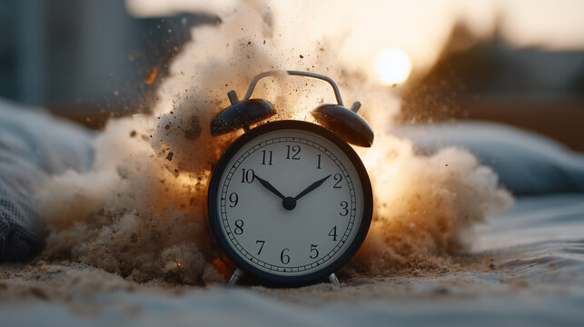 Time Explodes: A vintage alarm clock explodes in a cloud of dust and particles, with the glow of a setting sun in the background.
