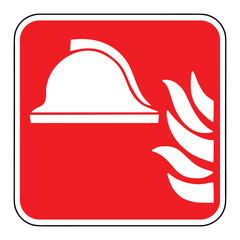 Emergency firefighting helmet with flame illustration sign, white firefighting equipment icon on a red square background, vector illustration.