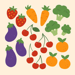 Illustration of various fruits and vegetables in flat colorful style, arranged in a playful layout without outlines. Perfect for healthy food themes, children’s learning visuals, and nutrition concept