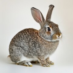 Fototapeta premium Studio shot of a cute brown rabbit sitting still on a white background looking alert and curious in a portrait style