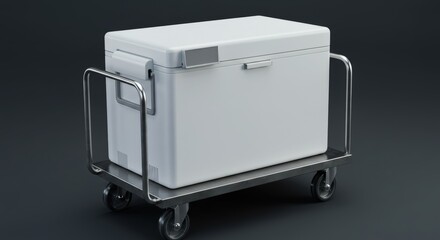 White vaccine carrier on stainless steel cart