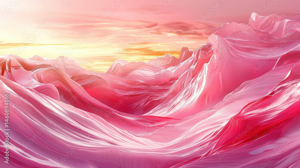 Poster a realistic 4k 3d background image shows pink waveform graphics flowing dynamically across the scree