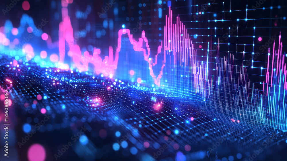 Poster a dynamic 4k 3d waveform graph background in realistic detail shows fluctuating pink and blue data w