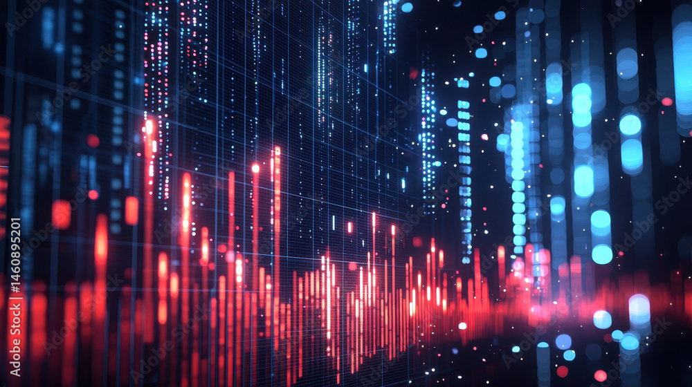 Poster realistic 4k 3d background shows digital waveform monitor with abstract glowing blue and red light p