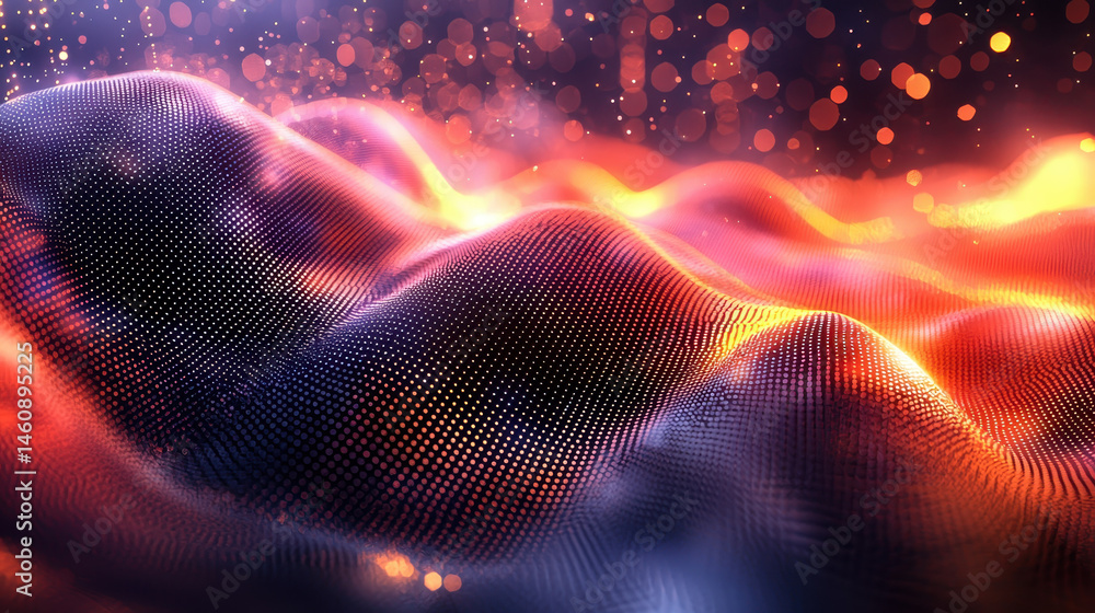 Poster a vibrant 4k 3d waveform background with realistic glowing particles is dynamically displayed on a s