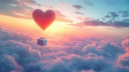 Obraz premium A Box flying on a parachute with pink cloud in valentine day,package flying down from sky and cloud with parachute, concept for delivery service,shopping online,air delivery service.