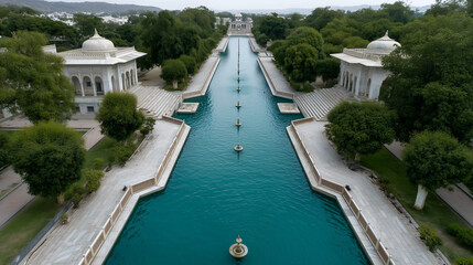 Fototapeta premium Palace Gardens Canal: A serene canal runs through lush palace gardens, with elegant buildings flanking its sides. The turquoise water reflects the surrounding greenery creating a peaceful atmosphere.