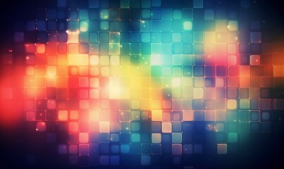 Colorful Abstract Background with Glowing Squares and Bokeh Lights