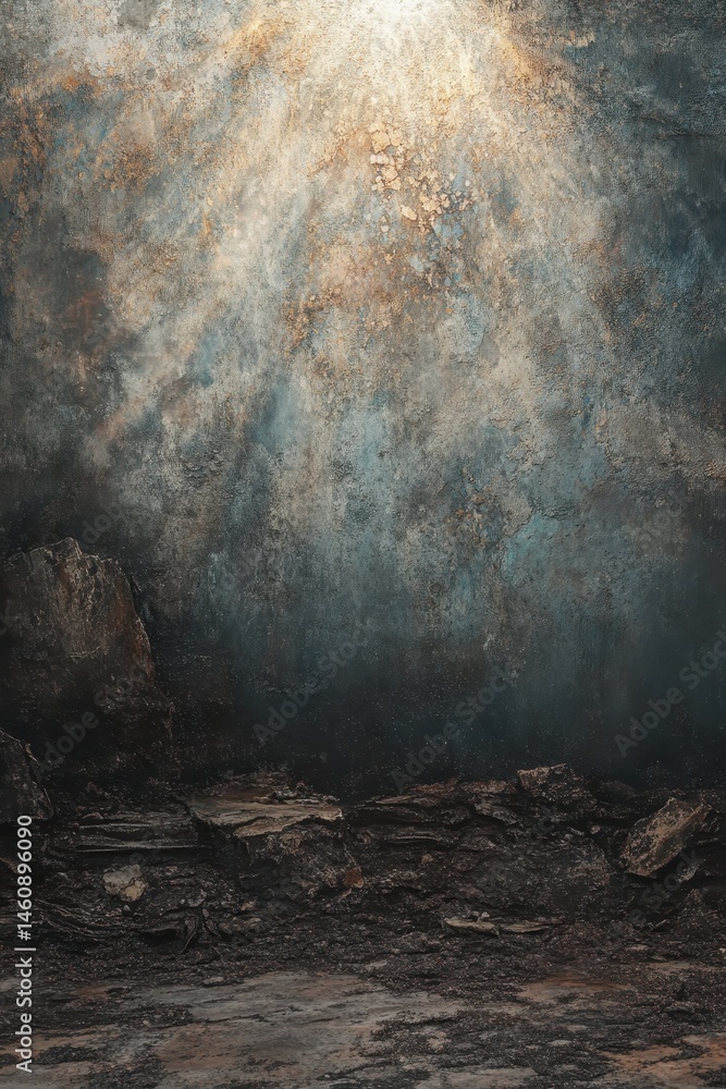 Poster dramatic textured background with light rays shining down on a rocky landscape studio shot creating 