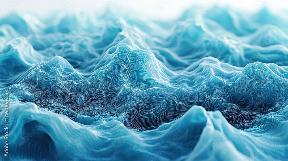 Poster realistic 4k side angle view of a complex 3d background with wave analysis, showcasing fluid dynamic