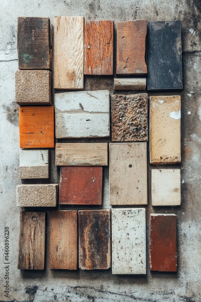 Poster assorted rectangular blocks of wood and brick on concrete surface overhead still life arrangement co