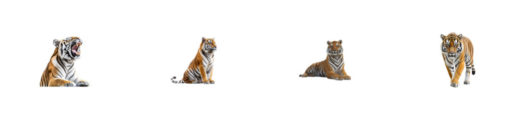 Four Isolated Bengal Tigers in various poses, cut out transparent
