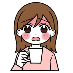 コップを持つ顔の赤い困り顔の女性のイラスト