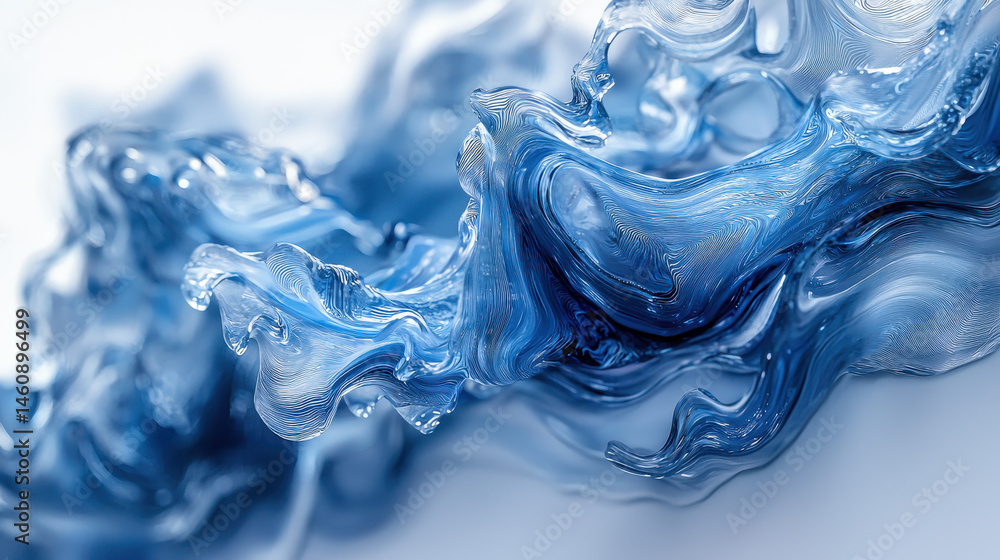 Poster realistic 4k 3d wave art background with blue hues, presented from a side angle and created using ad