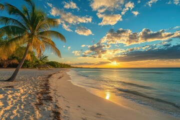 Tropical beach at sunset. Golden hour, palm tree, white sand, turquoise water, dramatic sky