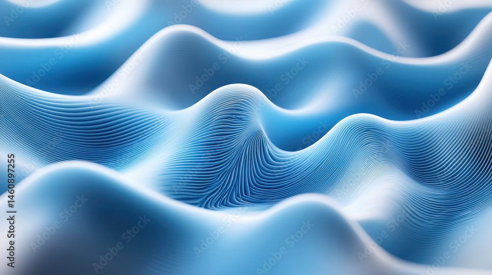 Poster a realistic 4k 3d background graphic shows a side angle view of abstract flowing waves in light blue