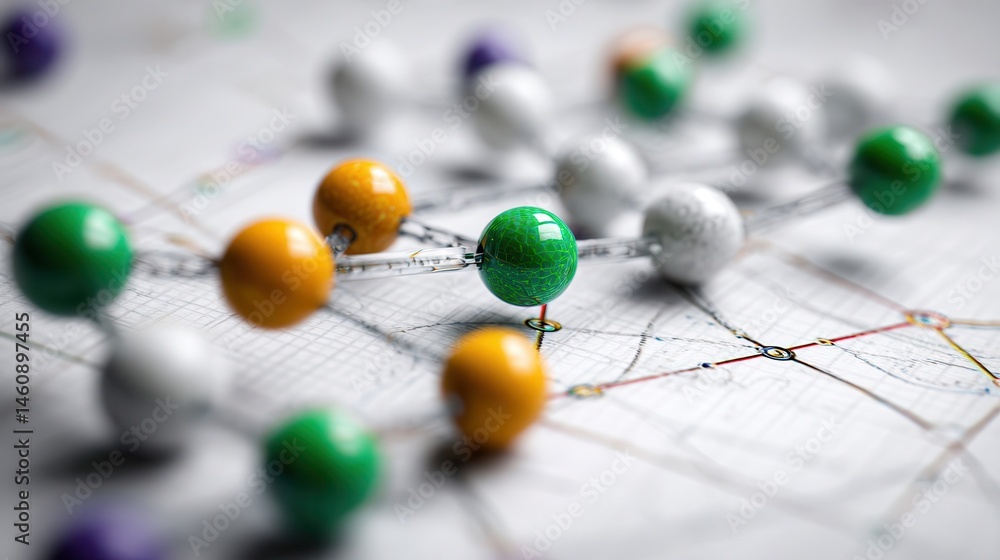 Aufkleber colorful pushpins connected by thin lines on a map-like surface.