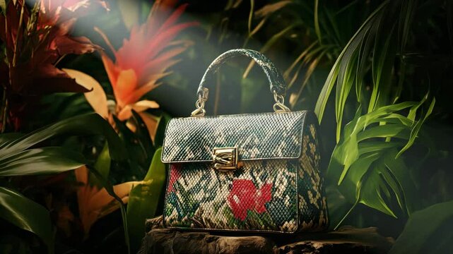 Colorful reptile leather handbag resting on rock in lush tropical garden