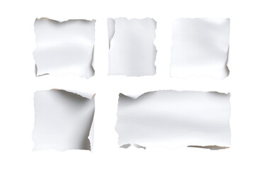 Set of torn wrinkled white paper pieces isolated on transparent background