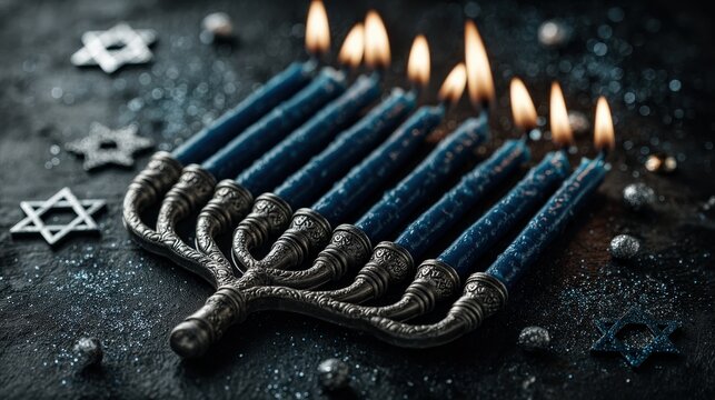Illuminated menorah: A close-up shot of a menorah, with lit candles casting a warm glow against a textured surface. Sparkling star decorations enhance the visual appeal. - Powered by Adobe