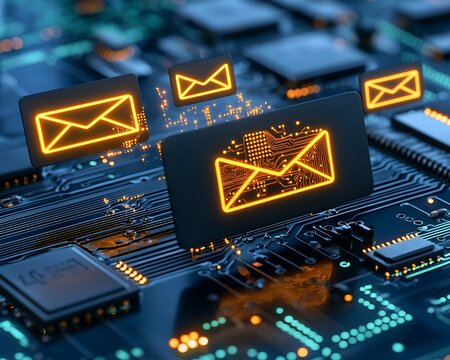 Email icons on a circuit board