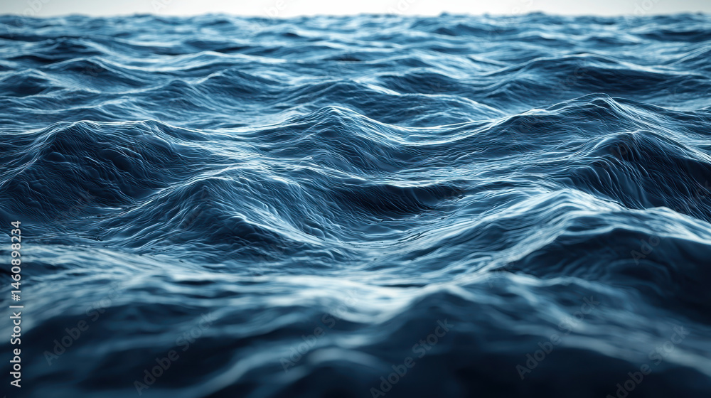 Poster realistic 4k 3d waves create dynamic background pattern in a side angle view of deep blue water with