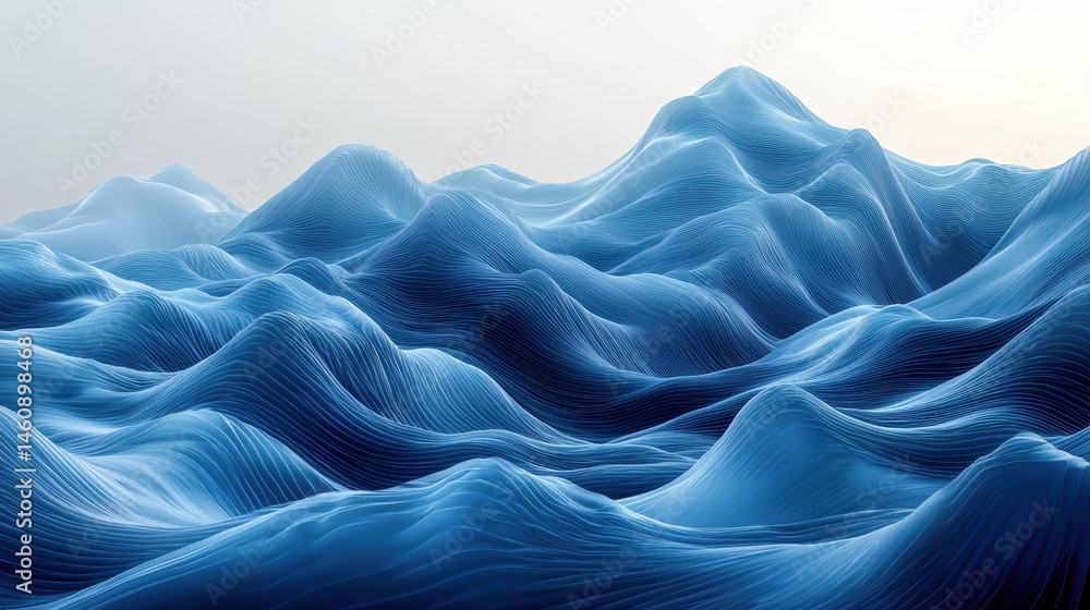 Poster a realistic 4k side view shows a blue 3d wave background representation, creating a visually captiva