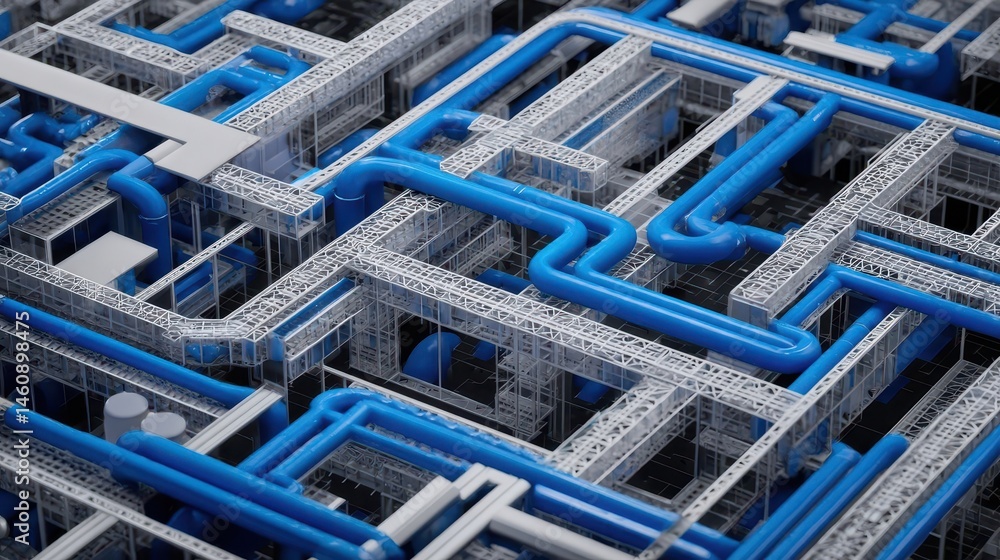 Poster intricate network of interconnected pipes and structures.