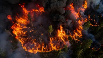 Fototapeta premium Ultra-realistic drone view of a massive forest fire with raging flames and thick smoke in every direction