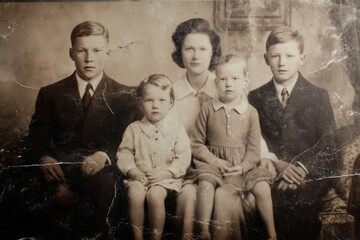 Vintage family portrait, showing four children and a parent.