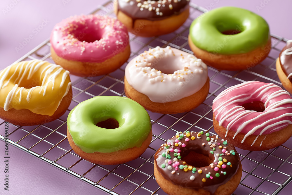 Aufkleber array of gourmet donuts with colorful glazes displayed on wire rack in artistic arrangement. bright 