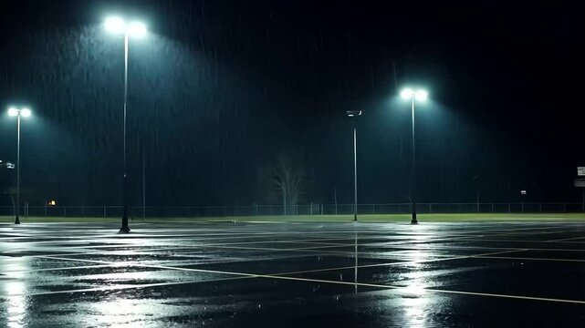 Empty parking lot at night, heavy rain, city lights.