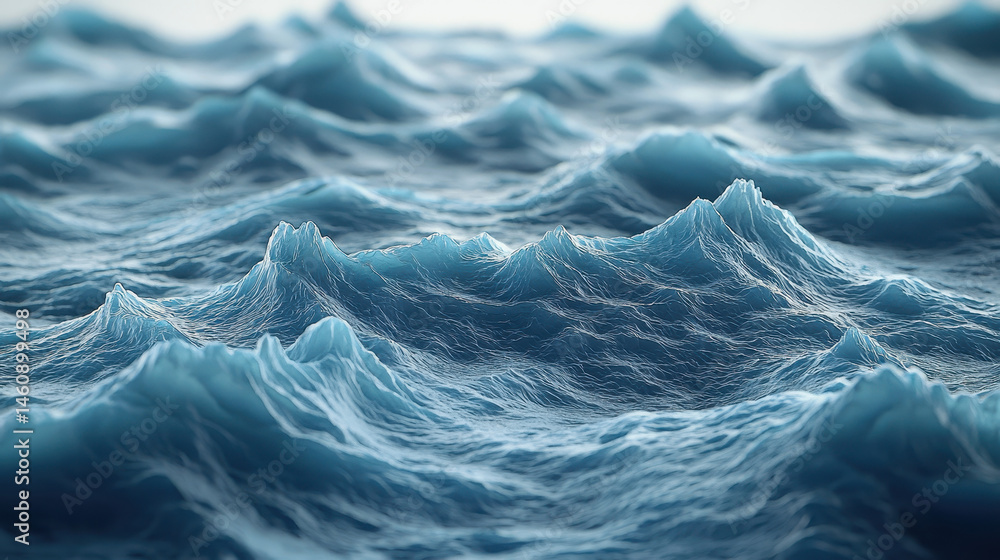 Poster a realistic 4k visualization displays an endless expanse of side-angled blue ocean waves, rendered i