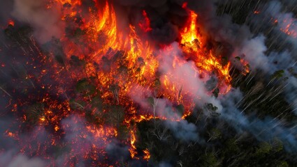 Ultra-realistic drone view of a massive forest fire with raging flames and thick smoke in every direction