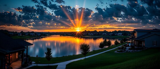 Obraz premium Serene sunset over lake, homes, and a tranquil scene