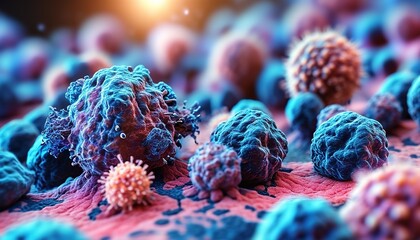 3D microscopic visualization of viral particles with spike proteins, background for healthcare and science themes