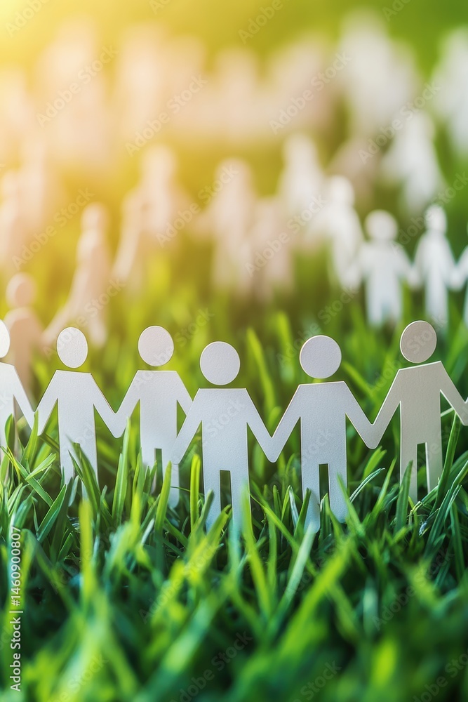 Poster paper people chain holding hands in green grass close up low angle view symbolizing unity and teamwo
