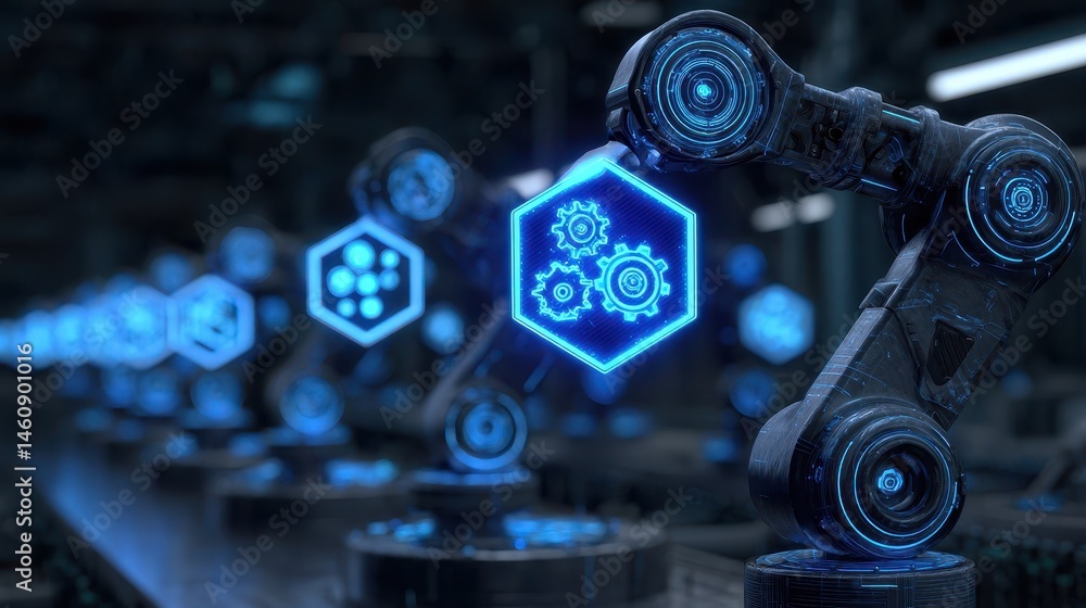 Poster industrial robotic arm interacting with digital data visualizations.