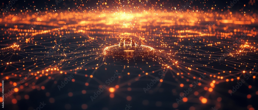 Poster glowing network security padlock symbolizing data protection and digital safety in a connected world
