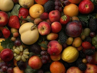 Abundant Fresh Fruit Still Life Overhead Shot Featuring Apples Strawberries Grapes Plums Blackberries Pears Oranges Lemons and Other Assorted Fruits
