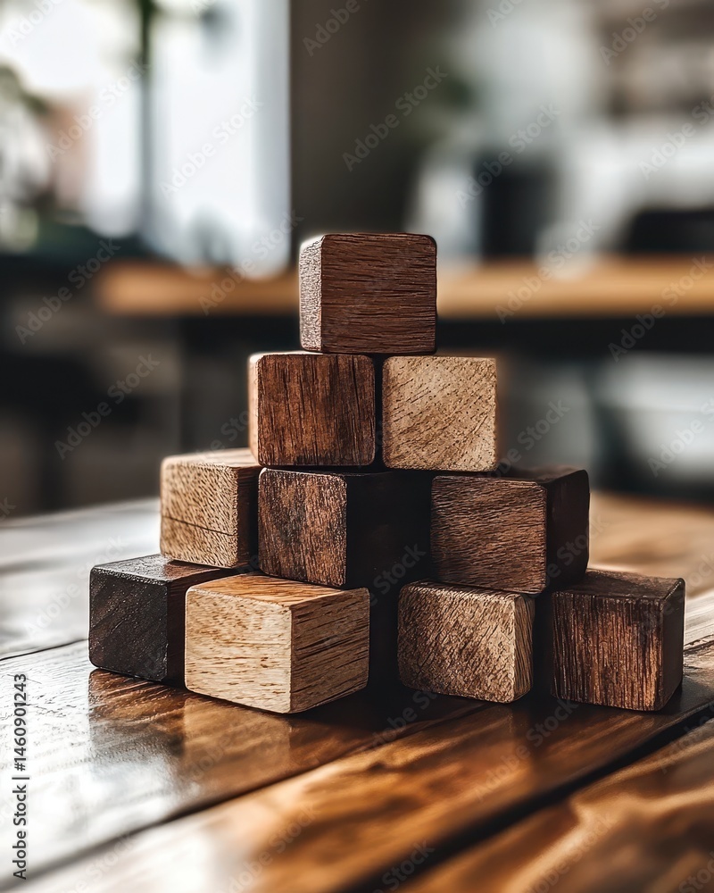 Poster wooden blocks stacked in pyramid formation on table surface close up studio shot of toy blocks for c