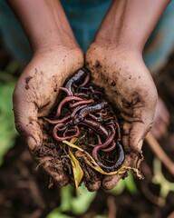 Close-up of hands holding earthworms with soil and leaf, organic farming concept, sustainable agriculture, natural fertilizer, top view