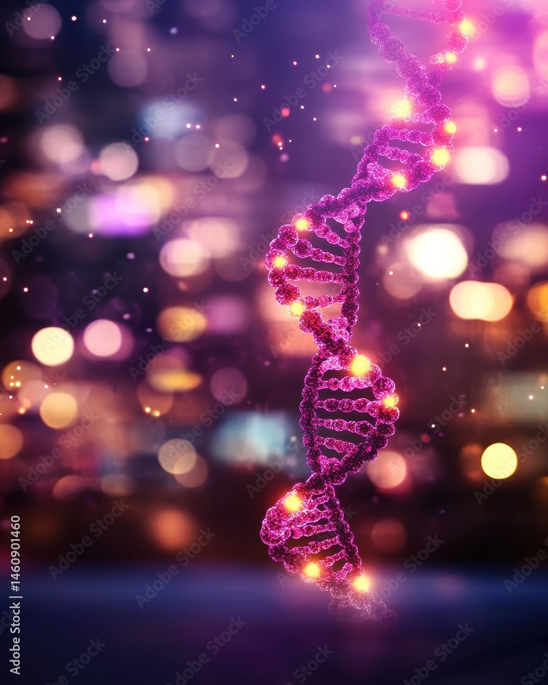 Poster dna double helix model on abstract background; 3d rendering of genetic molecule for medical research