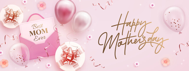 Happy mother's day web banner, poster, greeting card design template. Realistic 3d helium balloons, envelope and gift box on pink background. Mother day wallpaper. Vector illustration